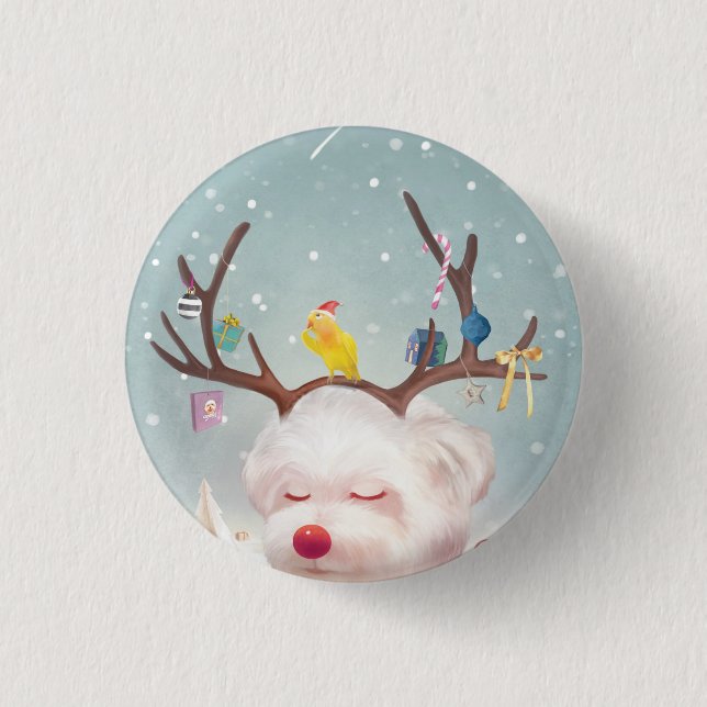 Badge Rond 2,50 Cm Chien renne avec ornements de Noël (Devant)