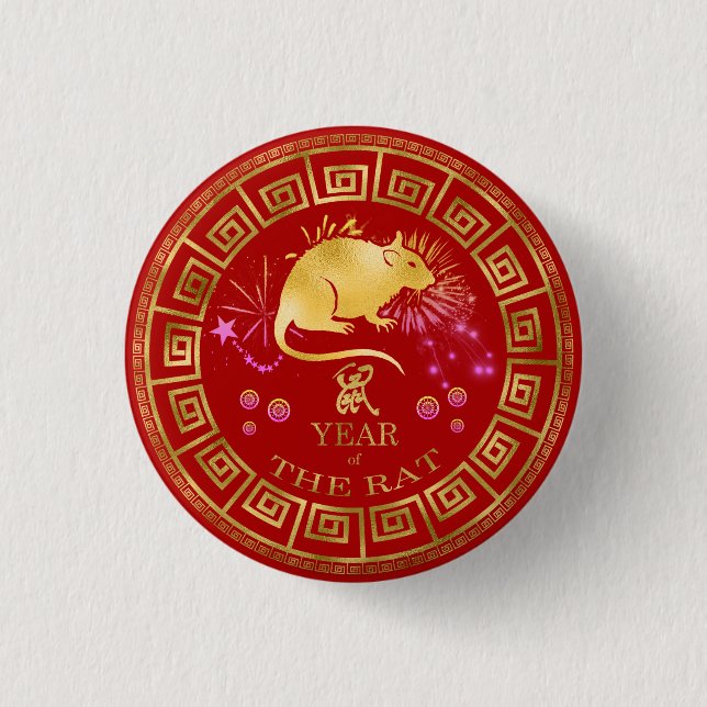 Badge Rond 2,50 Cm Chinois Zodiac Rat Rouge/Or ID542 (Devant)