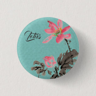 Badge Rond 2,50 Cm Chinoiserie Aquarelle main libre Floral Lotus Gree