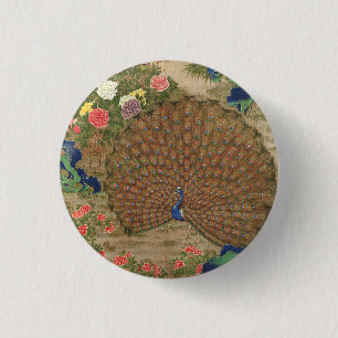 Badge Rond 2,50 Cm Chinoiserie Paon Bleu avec Jardin de Fleurs Exotiq