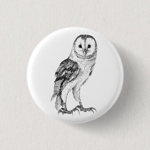 Badge Rond 2,50 Cm Chouette - Dessin En Stylo Noir