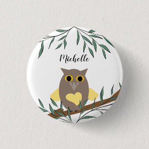 Badge Rond 2,50 Cm Chouette du coeur jaune mignonne sur la branche pe