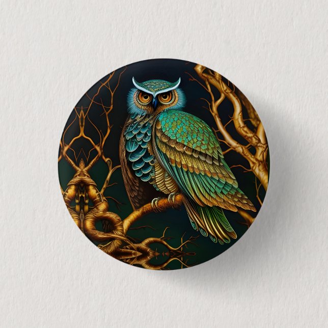 Badge Rond 2,50 Cm Chouette Turquoise et Or (Devant)