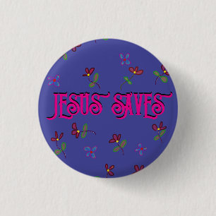 Badge Rond 2,50 Cm Citation "Jesus Saves" avec Floral sur Purple
