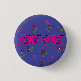Badge Rond 2,50 Cm Citation "Jesus Saves" avec Floral sur Purple
