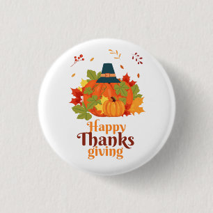 Badge Rond 2,50 Cm Citrouille bon thanksgiving avec Casquette et Feui
