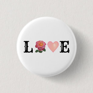 Badge Rond 2,50 Cm Cœur d'amour et rose rose fleur