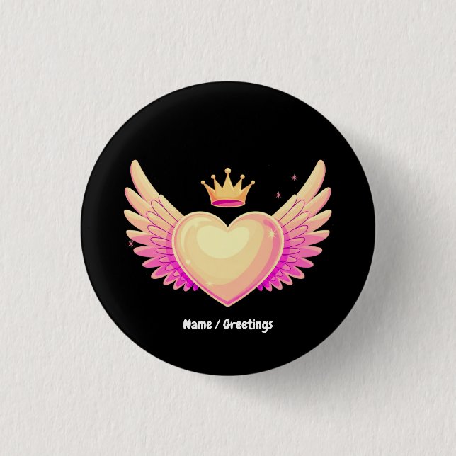 Badge Rond 2,50 Cm Coeur d'ange avec ailes roses Cool et couronne Une (Devant)