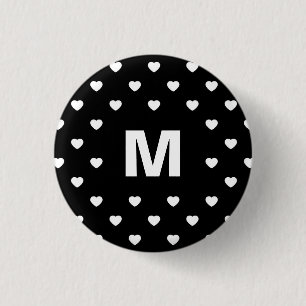 Badge Rond 2,50 Cm Cœurs noir et blanc Motif pois Monogramme