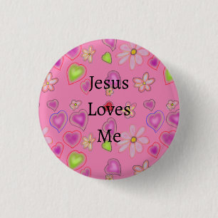 Badge Rond 2,50 Cm Coeurs roses Fleurs blanches Jésus m'aime