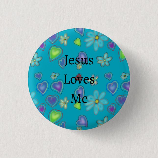 Badge Rond 2,50 Cm Coeurs roses Fleurs blanches Jésus m'aime Bouton (Devant)