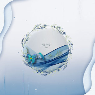 Badge Rond 2,50 Cm Colibri et vague bleue boutons Anniversaire