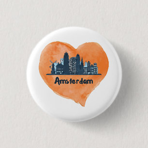 Badge Rond 2,50 Cm Coloré Amsterdam City Skyline Watercolor Heart P