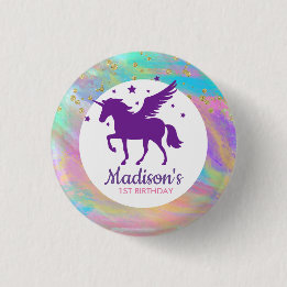Badge Rond 2,50 Cm Colorée Or Speckled violet Unicorn Anniversaire