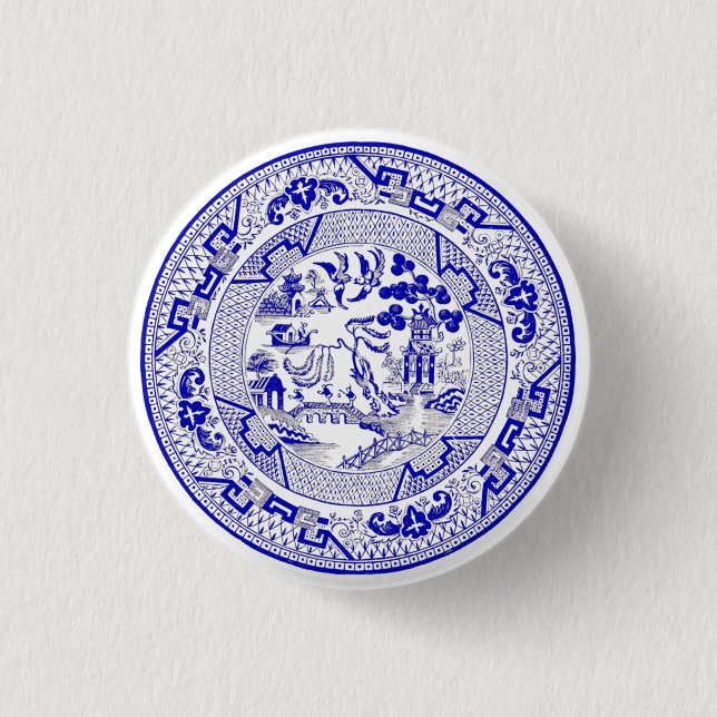 Badge Rond 2,50 Cm Conception bleue classique de plat de saule (Devant)