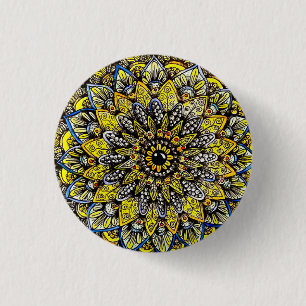 Badge Rond 2,50 Cm Conception de mandala dessinée à la main jaune ver