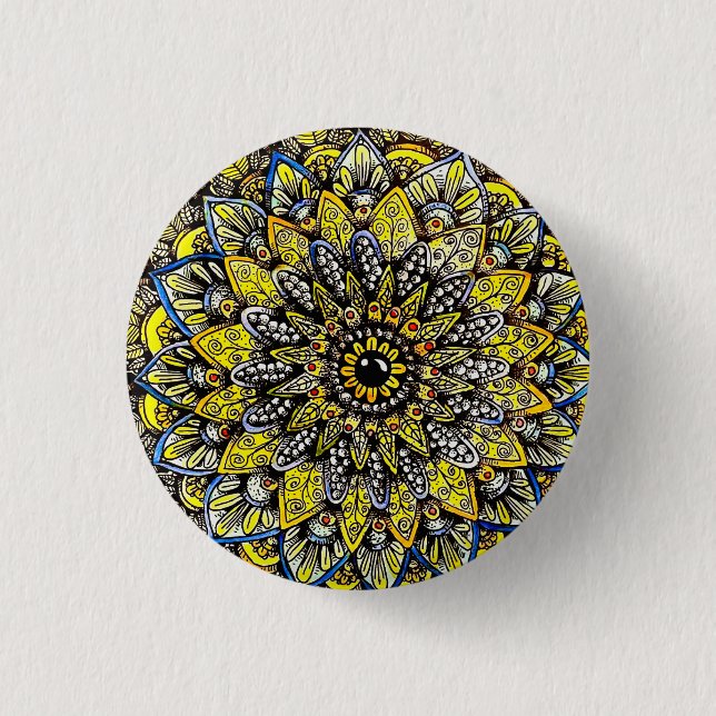 Badge Rond 2,50 Cm Conception de mandala dessinée à la main jaune ver (Devant)