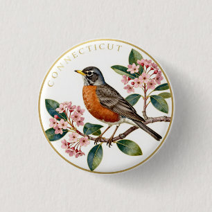 Badge Rond 2,50 Cm Connecticut Merle américain Oiseau de l'État Botan