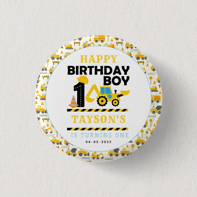 Badge Rond 2,50 Cm Construction Truck 1st Birthday | Kids Party (Devant)