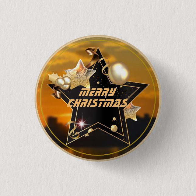 Badge Rond 2,50 Cm Cool Gold Black Metallic Stars Joyeux Noël (Devant)