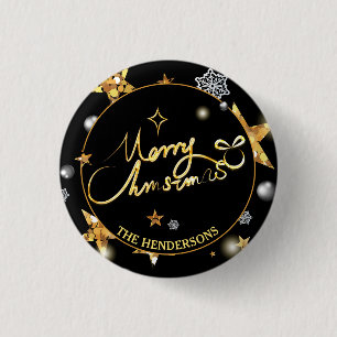 Badge Rond 2,50 Cm Cool Gold Black Stars Personnalisé Joyeux Noël