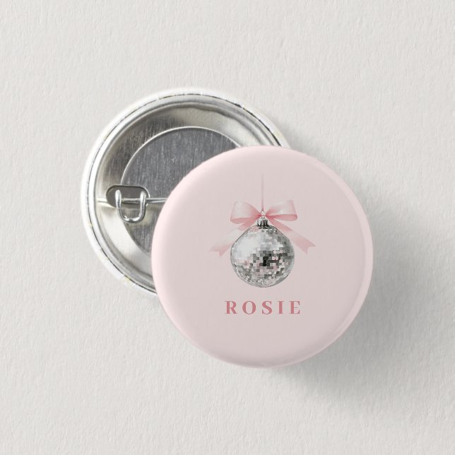 Badge Rond 2,50 Cm Coquette personnalisée Disco Ball rose ruban (Devant & derrière)