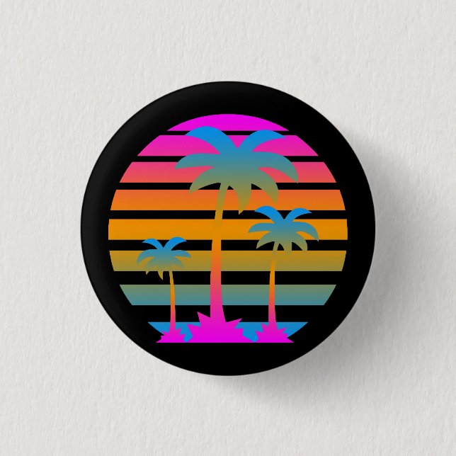 BADGE ROND 2,50 CM COREY TIGER RETRO SUNSET PALMIERS (Devant)
