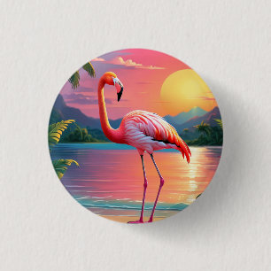Badge Rond 2,50 Cm Coucher de soleil flamant rose sur la plage tropic