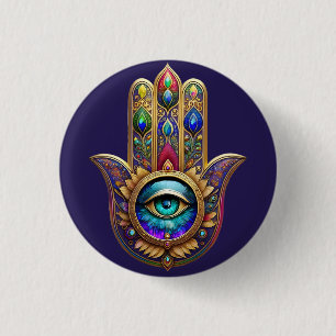 Badge Rond 2,50 Cm Couleurs de Paon Doré Hamsa Saphir Vert Troisième