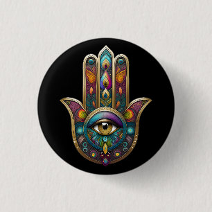 Badge Rond 2,50 Cm Couleurs de paon Hamsa avec Troisième Œil en or