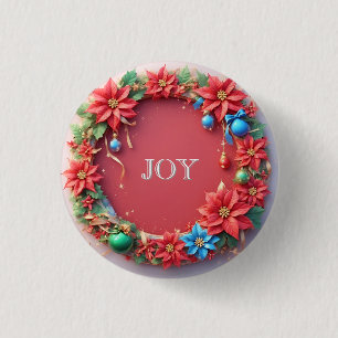 Badge Rond 2,50 Cm Couronne de Noël festive avec poinsettias rouges