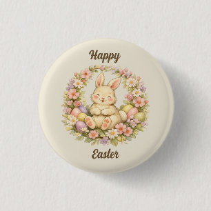 Badge Rond 2,50 Cm Couronne florale de Pâques vintage avec lapin de P