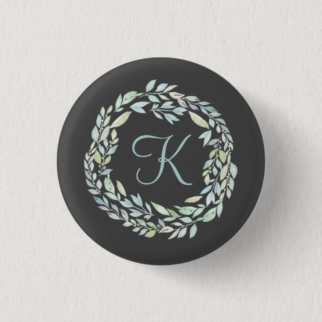 Badge Rond 2,50 Cm Couronne florale monogramme bleu et gris vert (Devant)