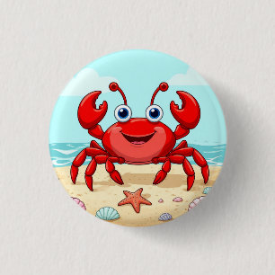 Badge Rond 2,50 Cm Crabe de dessin animé rouge joyeux sur une plage a