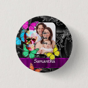 Badge Rond 2,50 Cm Crâne à sucre et papillons floraux