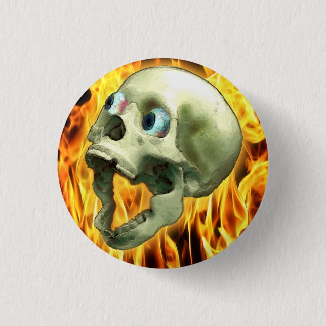 Badge Rond 2,50 Cm Crâne gothique déplaisant, Flammes, Horreur d'Hall (Devant)