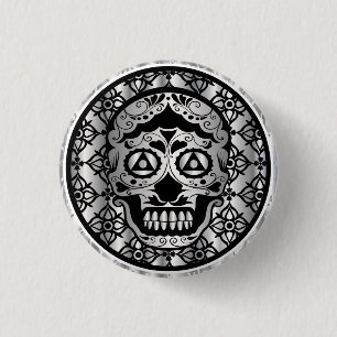 Badge Rond 2,50 Cm Crâne métallique argenté imprimé de sucre d'ef