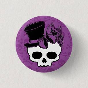 Badge Rond 2,50 Cm Crâne Mignon Avec Chapeau Haut-de-Forme Ruban Rose