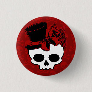 Badge Rond 2,50 Cm Crâne Mignon Avec Chapeau Haut-de-Forme Ruban Roug
