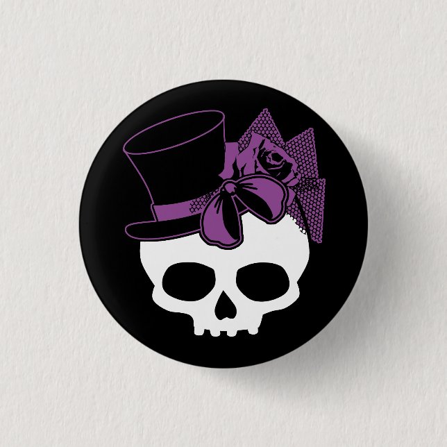 Badge Rond 2,50 Cm Crâne mignon Avec Haut Chapeau Violet Rose Bouton  (Devant)