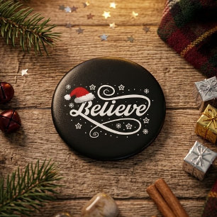 Badge Rond 2,50 Cm Croire au Père Noël - Chapeau de Santa Noir