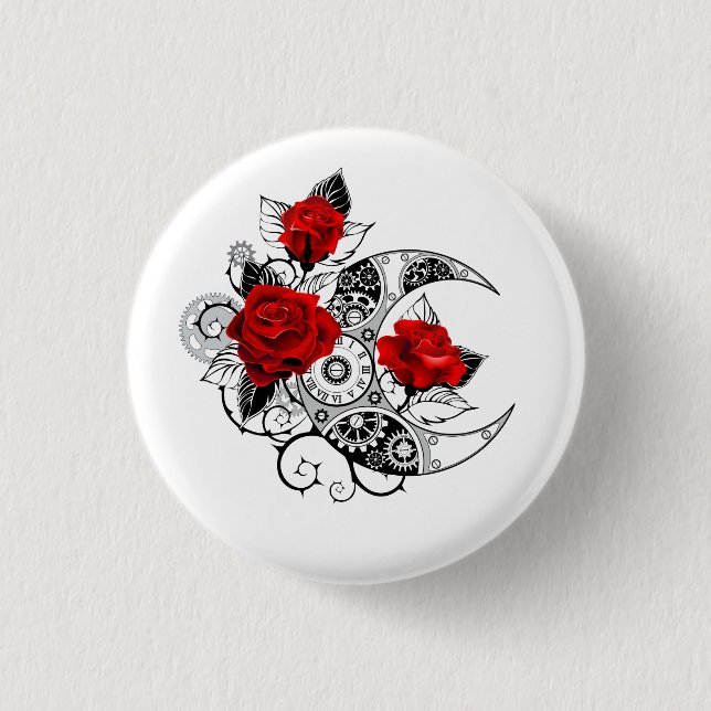Badge Rond 2,50 Cm Croissant mécanique avec roses rouges (Devant)