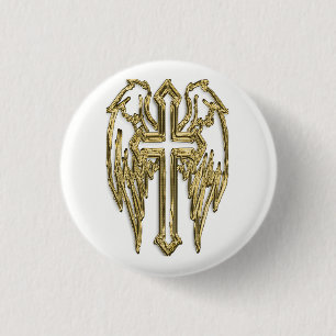 Badge Rond 2,50 Cm croix d'or catholique blanche