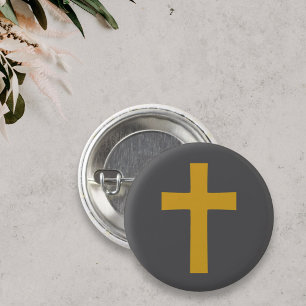 Badge Rond 2,50 Cm Croix d'or simple sur le bouton noir