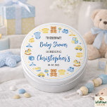 Badge Rond 2,50 Cm Cute Baby Clothes & Toys Boy Baby Shower<br><div class="desc">Cute boy baby shower button with baby clothes and toys theme. Perfect accessory or party favor for a baby boy shower celebration. Celebrate the upcoming arrival of a little boy with this adorable baby shower button featuring cute baby clothes and toy illustrations. Perfect for the mom-to-be, family members, or party...</div>