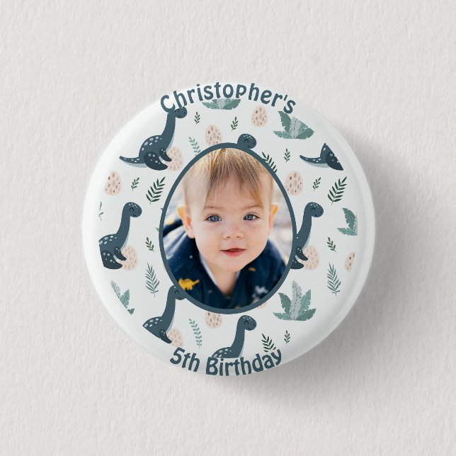 Badge Rond 2,50 Cm Cute Blue Green Dinosaur Photo personnalisée et no (Devant)