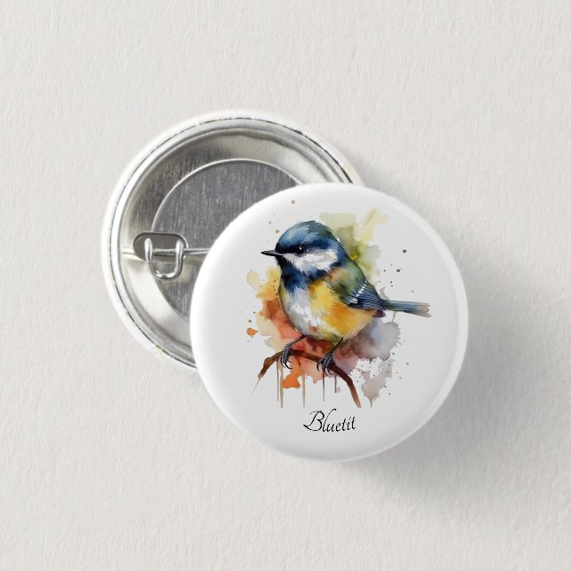 Badge Rond 2,50 Cm Cute Bluetit sur une branche, personnalisé (Devant & derrière)