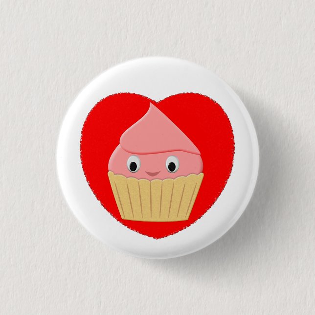 Badge Rond 2,50 Cm Cute Cartoon Fraise Cupcake Dans Le Coeur Rouge Bu (Devant)