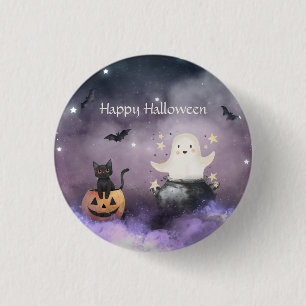 Badge Rond 2,50 Cm Cute chat et Fantôme Halloween