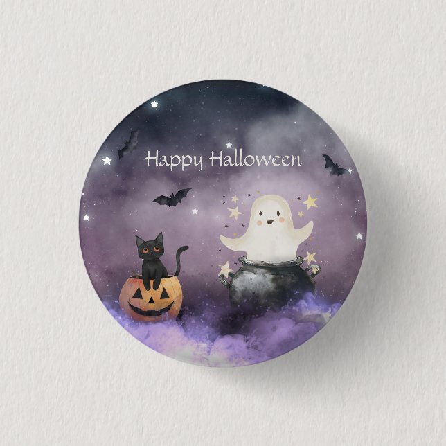 Badge Rond 2,50 Cm Cute chat et Fantôme Halloween (Devant)